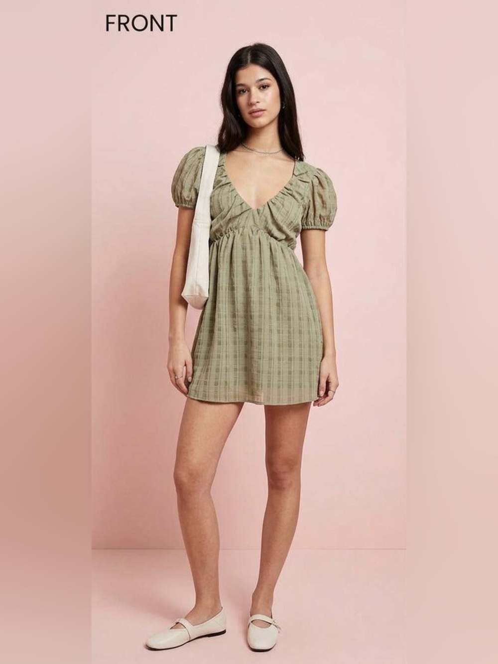 $53 NWT ASOS DESIGN textured mini dress with puff sleeves in olive SIZE US2
